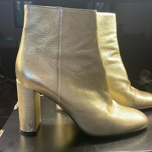 Ladies light gold Saint Laurent Paris ankle boots, YSL logo metal on heel